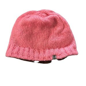 The North Face girls pink knit beanie lined with brown fleece